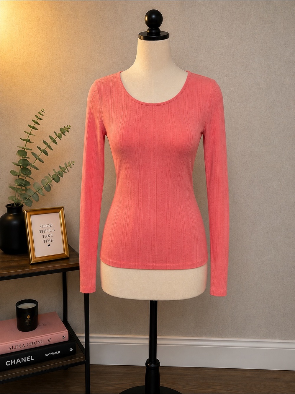 American Eagle Outfitters Coral-Pink Ribbed Long Sleeve Crewneck Top
